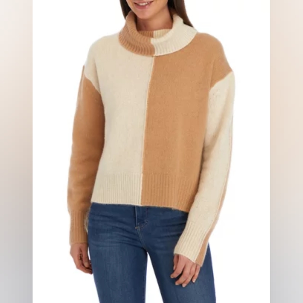Magaschoni Color Block Cashmere Turtleneck Sweater, M, Tan, NWT